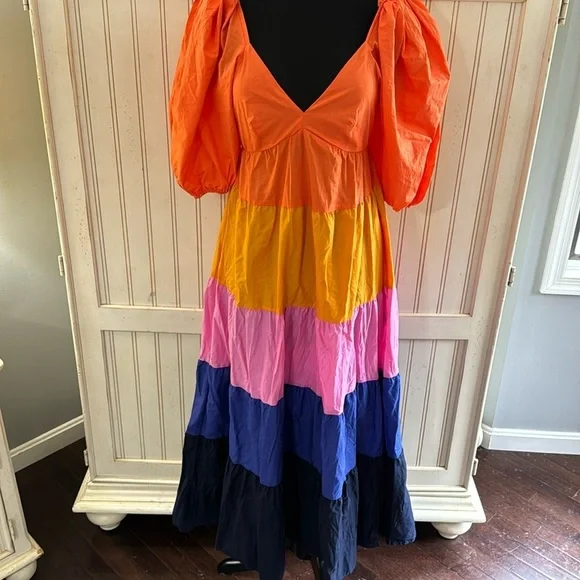 Farm Rio Anthropologie Puff Sleeve Ruffled Tier Color block Maxi Dress - Picture 2 of 15